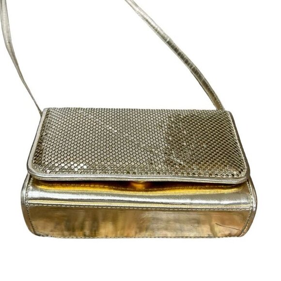 Whiting and Davis Gold Metal Mesh Clutch Shoulder or Crossbody Bag Strap Purse - Picture 1 of 14